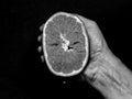 Woman`s hand squeezes half an orange until a drop of juice falls, in black and white Royalty Free Stock Photo
