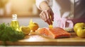 A Woman\'s Hand Squeezing Lemon Juice onto a Salmon Steak for a Homemade Dinner. Generative AI