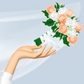 Woman`s hand and throwing wedding bouquet