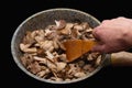 A woman`s hand turns over a wooden spoon of fried or stewed mushrooms in a frying pan on a black background Royalty Free Stock Photo