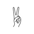 Woman`s Hand with two finger pointing up icon line. Vector Illustration of female hands of victory, peace gesture. Royalty Free Stock Photo