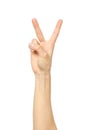 Woman`s hand with two fingers up in the peace or victory symbol Royalty Free Stock Photo