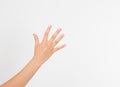 Woman`s hand up. handbreadth on a white background. Front view. Mock up. Copy space. Template. Blank.