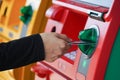 Woman`s hand using Credit Card to withdrawing or transfer money from Atm machine.Finance, money, bank concept Royalty Free Stock Photo