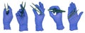 Woman`s hand wearing a blue nitrile examination glove holding a pair of green plastic first aid tweezers in various poses