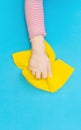 Hand protective pink glove rag wiper white background blue yellow