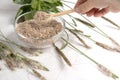 A woman's hand with a wooden spoon with psyllium seed husk, a useful superfood. The concept of plant fiber