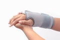 Woman`s hand with wrist orthosis
