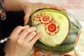 Woman's hands carved watermelon show step Royalty Free Stock Photo