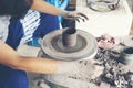 The woman's hands close up, the masterful studio of ceramics wor Royalty Free Stock Photo