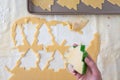 WomanÃ¢â¬â¢s hands cutting out Christmas tree sugar cookies, pastry cloth, cookie sheet Royalty Free Stock Photo