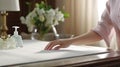 a woman& x27;s hands engaged in the cleaning process, with the tabletop gleaming after being polished. The composition Royalty Free Stock Photo