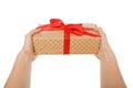 Woman`s hands give present box, crop, cut out Royalty Free Stock Photo