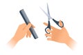 Woman`s hands with hairstyle accessories: comb, scissors. Flat v Royalty Free Stock Photo