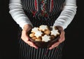 Woman\'s hands hold a bowl with delicious cookies. Christmas time. AI generative