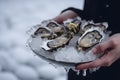 Woman\'s hands hold a plate of fresh oysters on crushed ice, generative AI