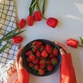 Woman's hands holding a bowl of fresh strawberries on the table with red tulips Royalty Free Stock Photo
