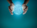 Woman`s hands holding the earth globe on a blue background. Global business concept Royalty Free Stock Photo