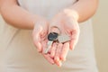 Woman's hands holding key with keychain in shape of the house Royalty Free Stock Photo