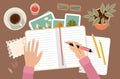Woman s hands holding pen and writing in diary. Personal planning and organization. Workplace Royalty Free Stock Photo