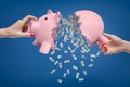 Woman`s hands holding two parts of broken piggy bank with heap of money falling down out of it. Royalty Free Stock Photo