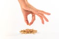 hands placing a tree seed, white background, space for copy, earth day concept