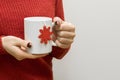Woman& x27;s hands holding white cup mug of coffee,tea.female in red warm sweater.Christmas New Year Royalty Free Stock Photo