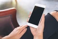 Woman`s hands holding white mobile phone with blank black desktop screen while sitting in cafe Royalty Free Stock Photo