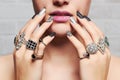 Woman`s hands with jewelry rings Royalty Free Stock Photo