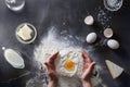 Woman's hands knead dough on table with flour Royalty Free Stock Photo