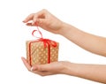 Woman`s hands open present box, crop, cut out Royalty Free Stock Photo