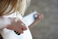 Woman`s hands playing acoustic guitar, close up Royalty Free Stock Photo