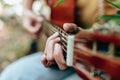 Woman`s hands playing acoustic guitar have fun outdoor, close up Royalty Free Stock Photo