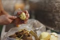 Woman`s hands in process of peeling unwashed potato above plastic bag