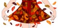 Woman`s hands pull the edge of the dress with autumn fall decora