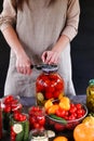 Woman`s hands rolls glass preserves with jars sealer. Tomatoes, garlic, pepper, pickles, zucchini, pumpkins on wooden table. Line