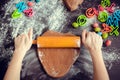 Woman's hands sheeting dough with rolling pin Royalty Free Stock Photo