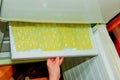 Woman's hands stack bags for ice cubes with lemon juice in the freezer.