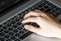 Woman`s hands typing on a computer keyboard, communicate with friend Royalty Free Stock Photo