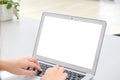 Woman`s hands typing a keyboard on laptop.