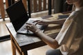 Woman`s hands typing on laptop keyboard. Study and work online, freelance. Self employed or freelance woman, girl