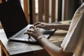 Woman`s hands typing on laptop keyboard. Study and work online, freelance. Self employed or freelance woman, girl