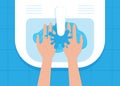 Woman`s hands under a stream of water over the sink, top view. Process of washing hands in the sink. Vector illustration