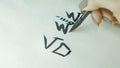 Woman`s hands writing Chinese hieroglyph. Female hand holding a writing brush calligraphy Chinese characters, close up