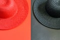 Woman`s hats on the red and black background. Modern lady lifestyle