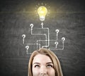 Woman`s head, arrows, questions, light bulb Royalty Free Stock Photo