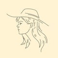 A woman's head in close-up. Minimalistic line graphics. Profile of a young girl in a wide hat.