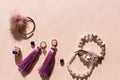 Woman`s Jewelry. Agate bracelets, rings and earrings on a light background, top view, flat lay, copy space. fashion Royalty Free Stock Photo