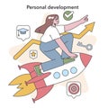 A woman's journey of self-improvement, illustrated as a rocketing ascent Flat vector illustration
