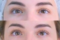 Woman`s lashes after and before beauty procedure of eyelash lifting and laminating, closeup